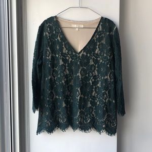 Adiva Dark Green Lace Overlay V-Neck Top!